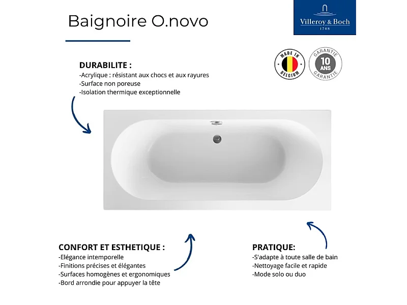 Baignoire droite 190 X 90 VILLEROY ET BOCH O Novo Duo acrylique