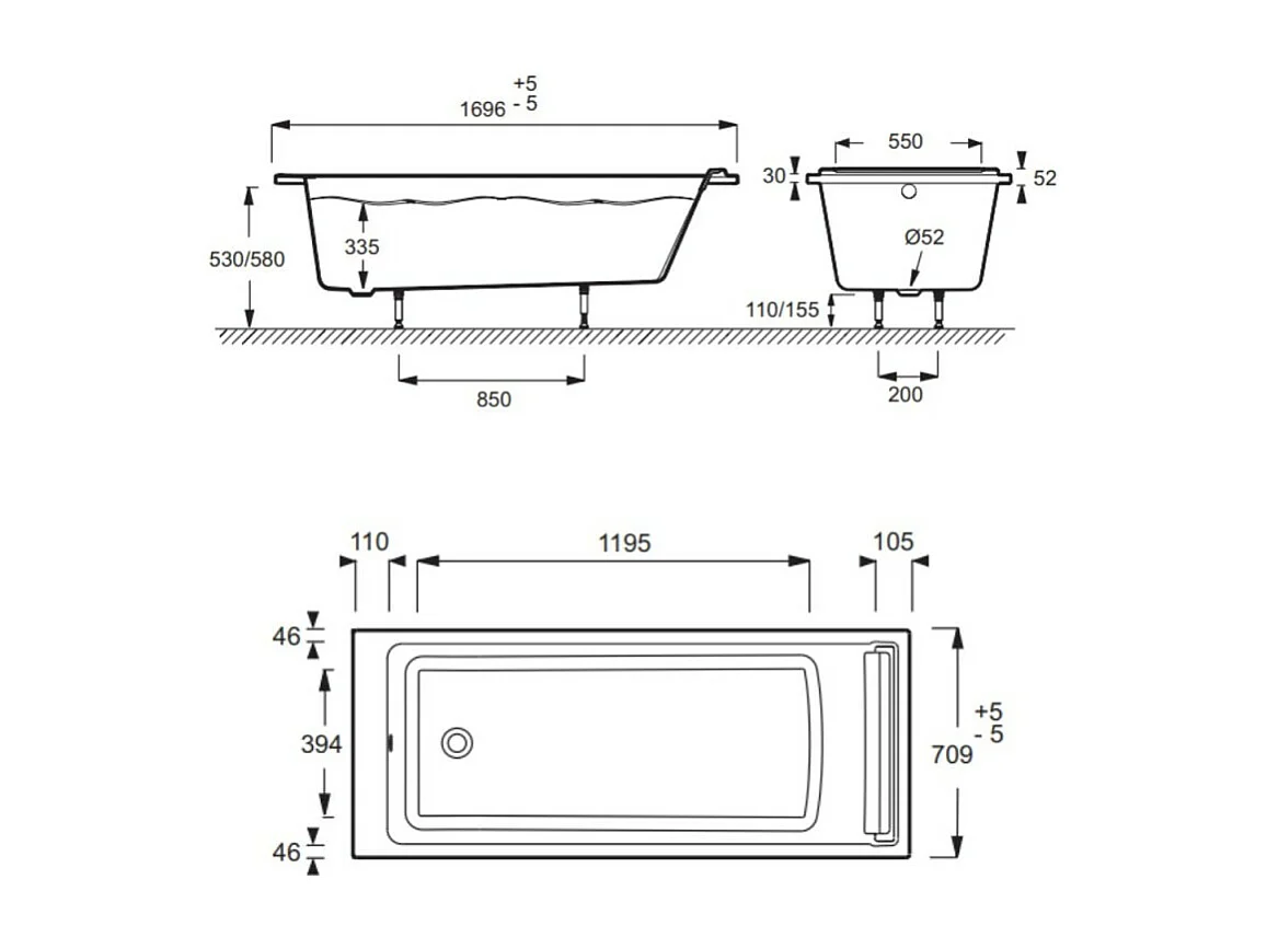 Pack baignoire bain douche JACOB DELAFON Spacio 170 x 70 cm + pare-bain chromé