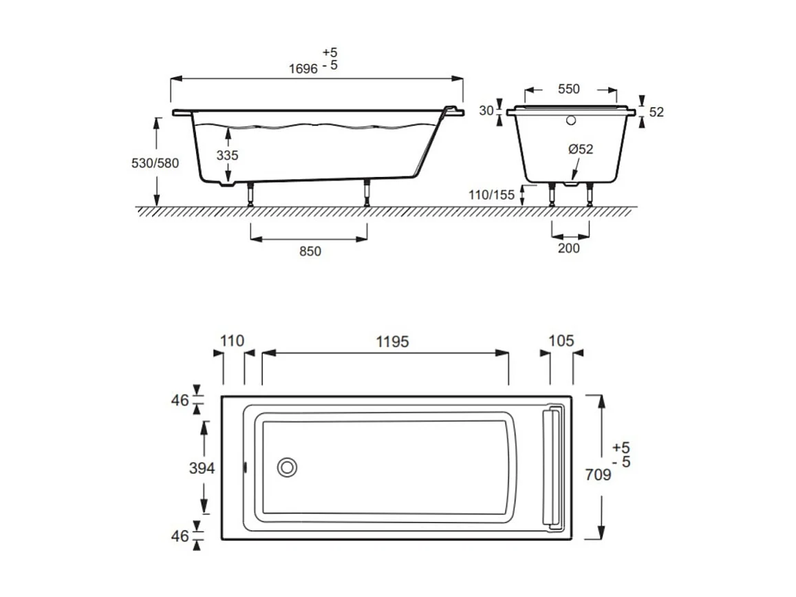 Pack baignoire bain douche JACOB DELAFON Spacio 170 x 70 cm + pare-bain chromé