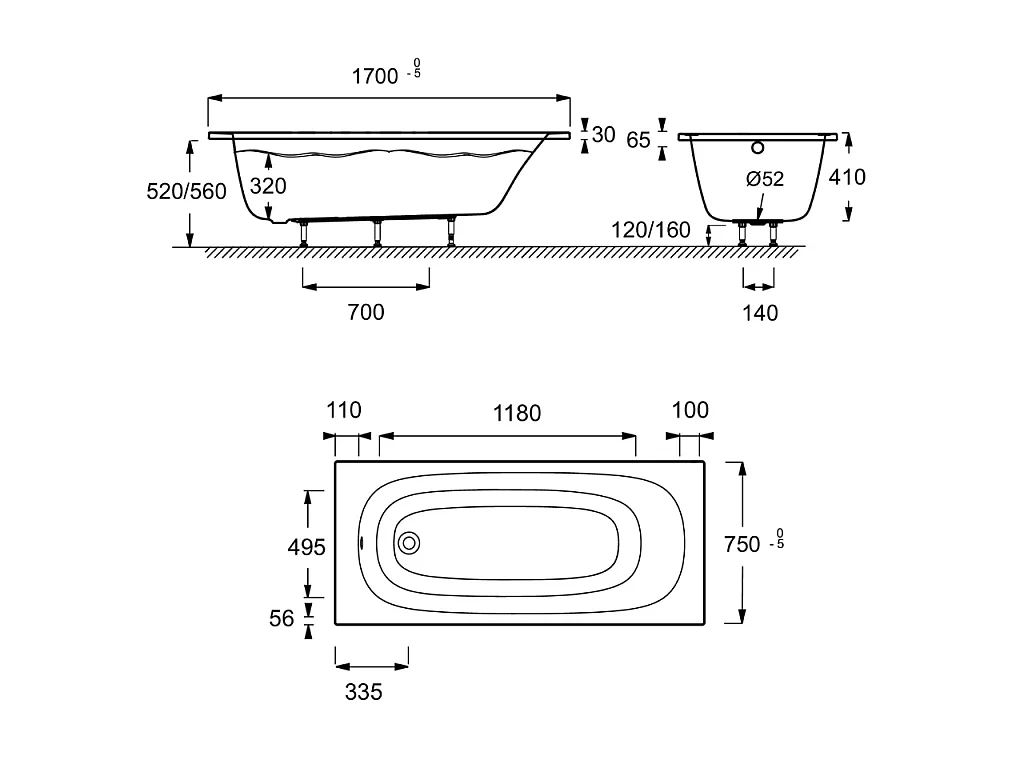 Baignoire droite 170 x 75 JACOB DELAFON Bastille blanc mat