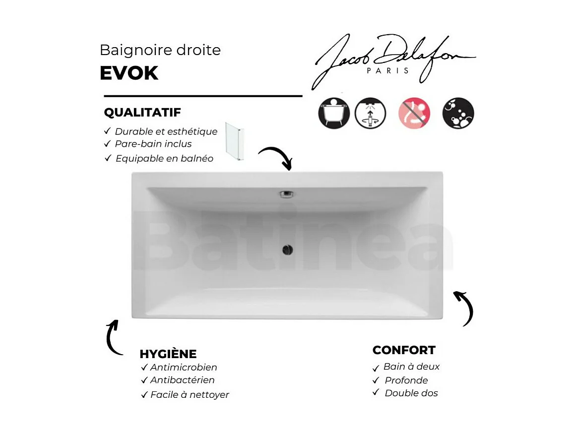 Lot baignoire droite 190 X 90 JACOB DELAFON Evok + pare-bain noir mat