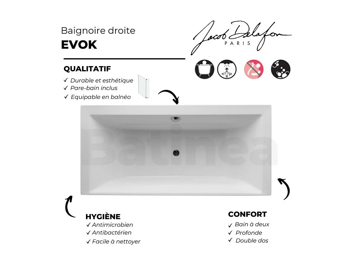 Lot baignoire droite 190 X 90 JACOB DELAFON Evok + pare-bain noir mat