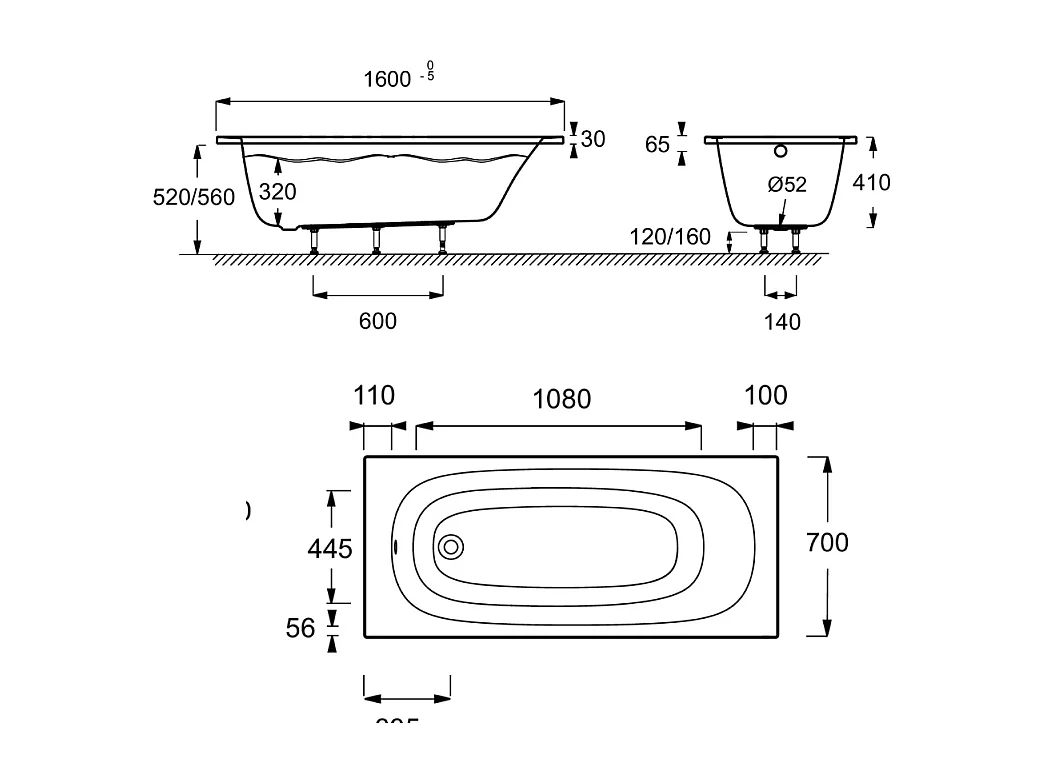 Baignoire droite 160 x 70 JACOB DELAFON Bastille blanc brillant