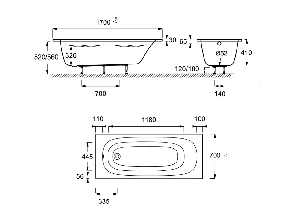 Baignoire droite 170 x 70 JACOB DELAFON Bastille blanc mat