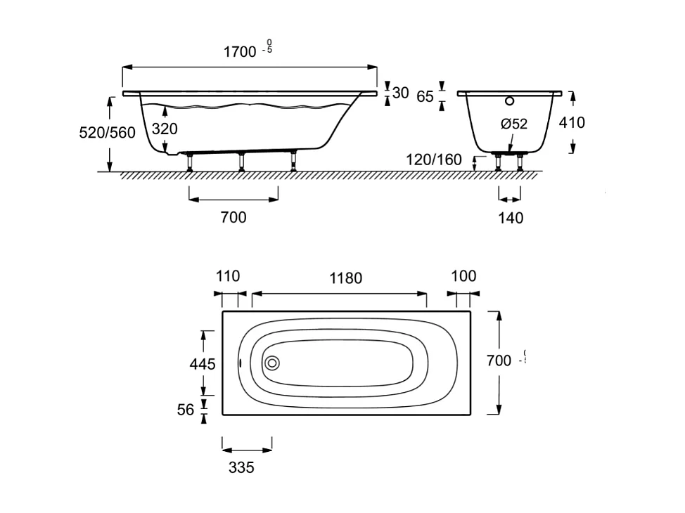 Baignoire droite 170 x 70 JACOB DELAFON Bastille blanc mat