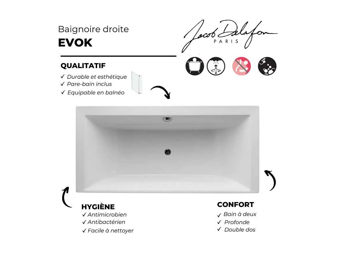Baignoire droite 200 x 100 JACOB DELAFON Evok, deux places + pare bain