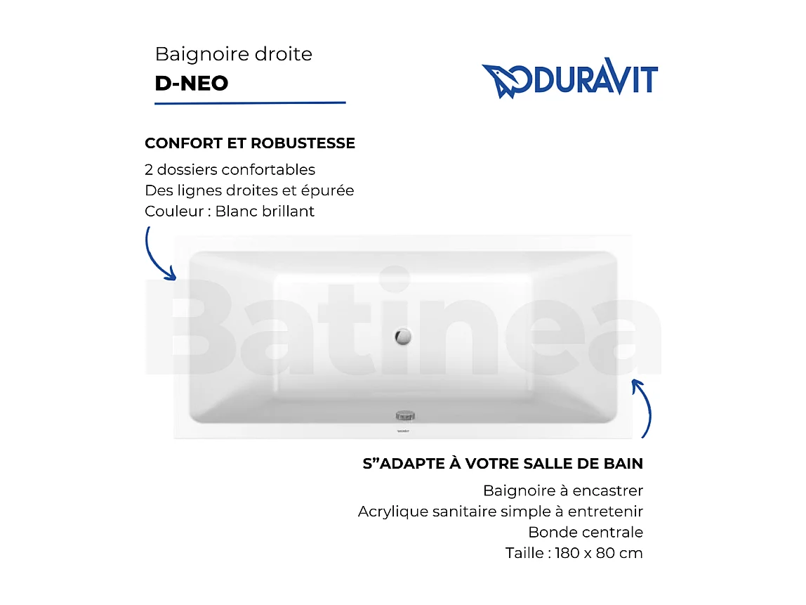 Baignoire droite 180 X 80 DURAVIT D-Neo avec 2 dossiers