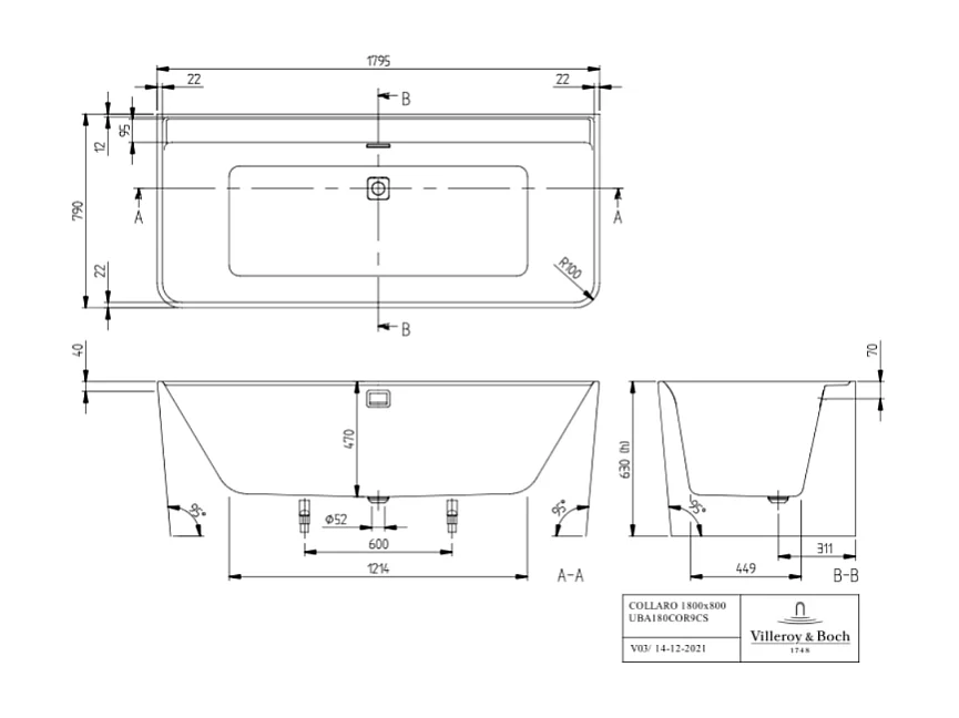 Baignoire droite 180 X 80 VILLEROY ET BOCH Collaro acrylique blanc trop plein chrome