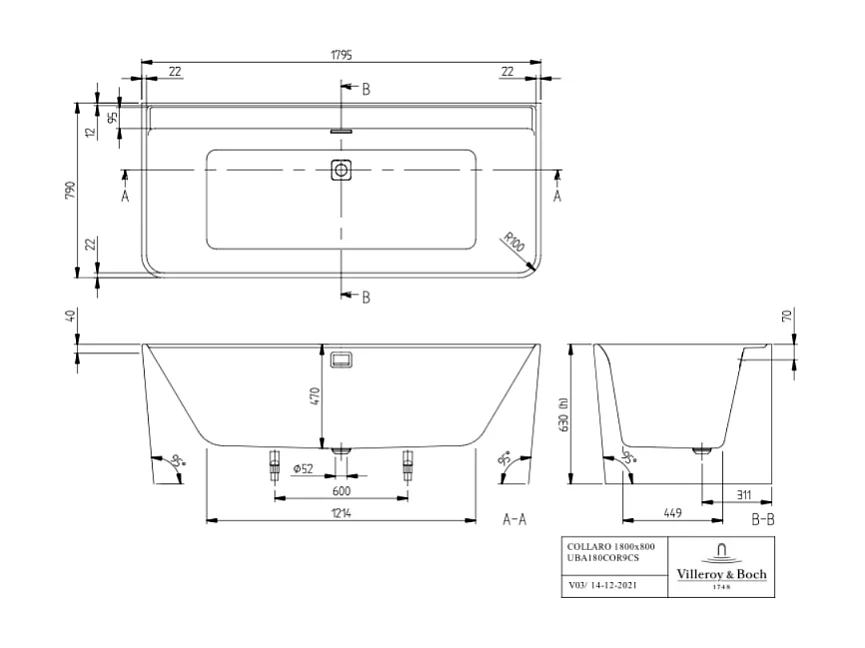 Baignoire droite 180 X 80 VILLEROY ET BOCH Collaro acrylique blanc trop plein chrome