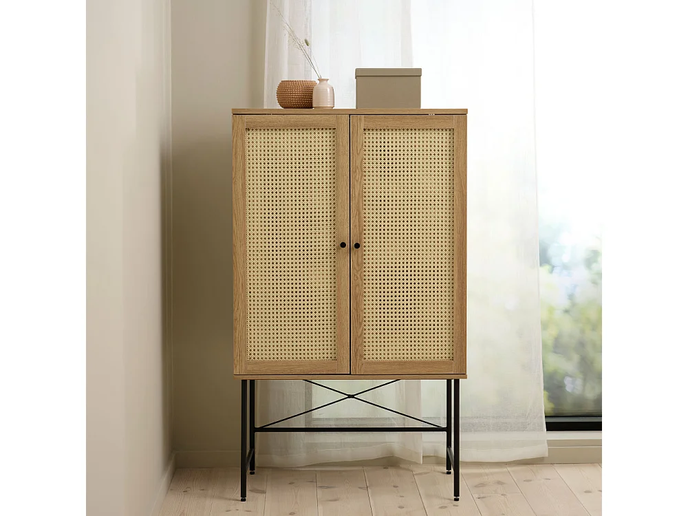 Rinto - Buffet haut 2 portes bois et métal H135cm - Bois clair