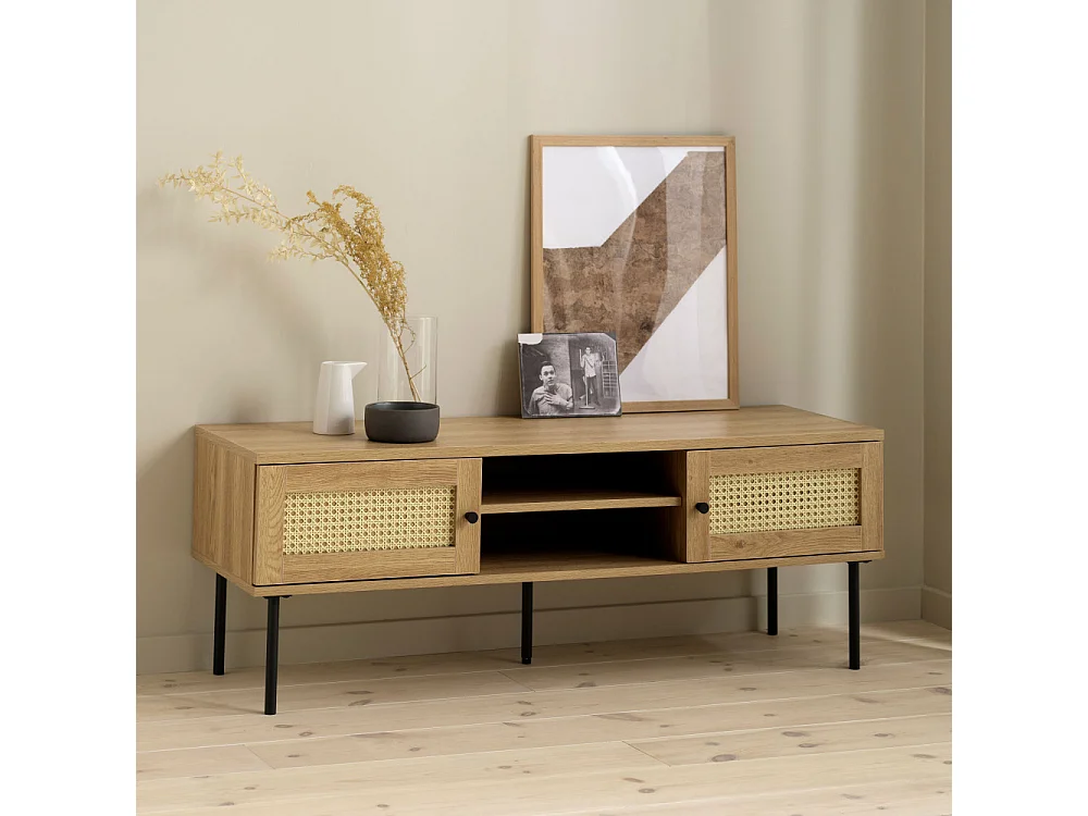 Rinto - Meuble TV 2 portes 2 niches en bois et métal L120cm - Bois clair