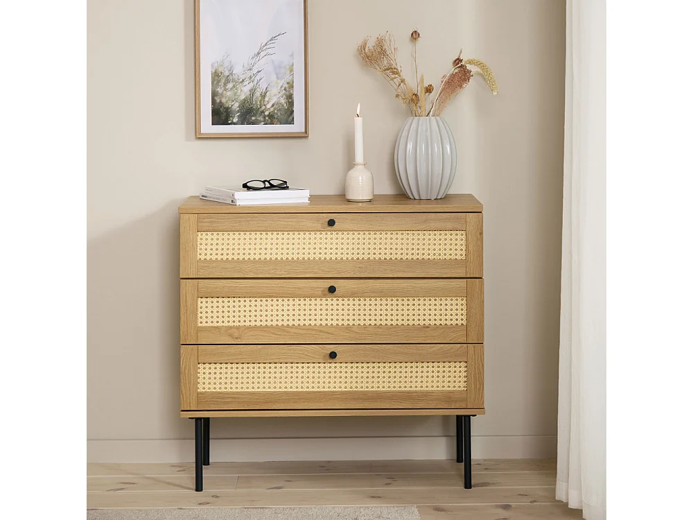 Rinto - Commode 3 tiroirs en bois et métal L80cm - Bois clair