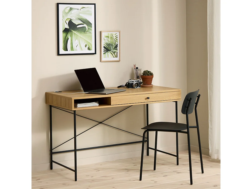 Rinto - Bureau 1 tiroir 1 niche en bois et métal L120cm - Bois clair