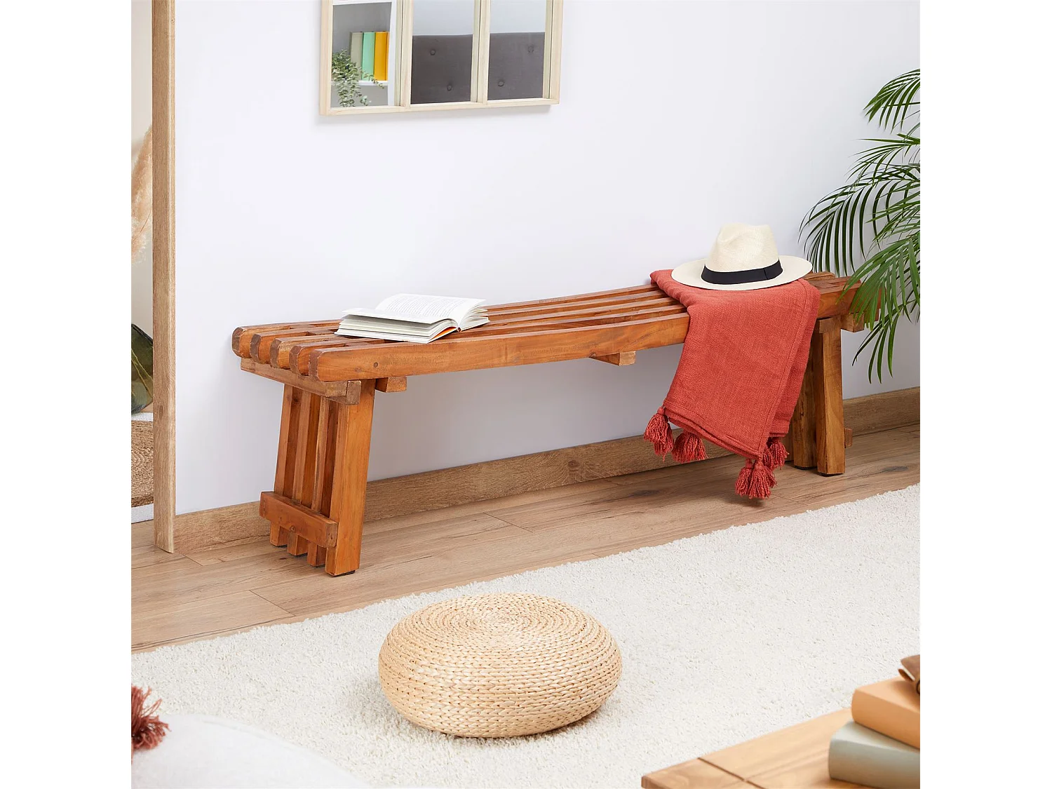 Banc BAVELLA meuble d'assise style maison de campagne, en acajou à la finition naturelle