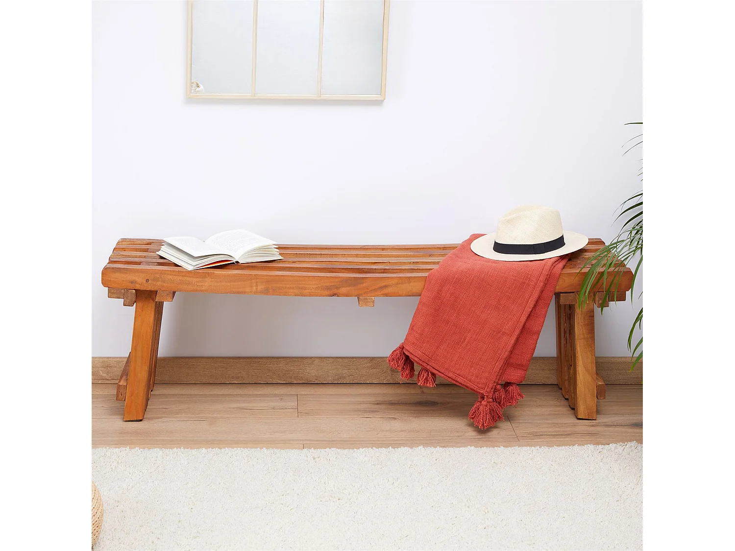 Banc BAVELLA meuble d'assise style maison de campagne, en acajou à la finition naturelle