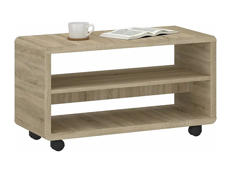 Meuble TV sur roulettes ISABA avec 2 niches de rangement, meuble télé en mélaminé chêne sonoma