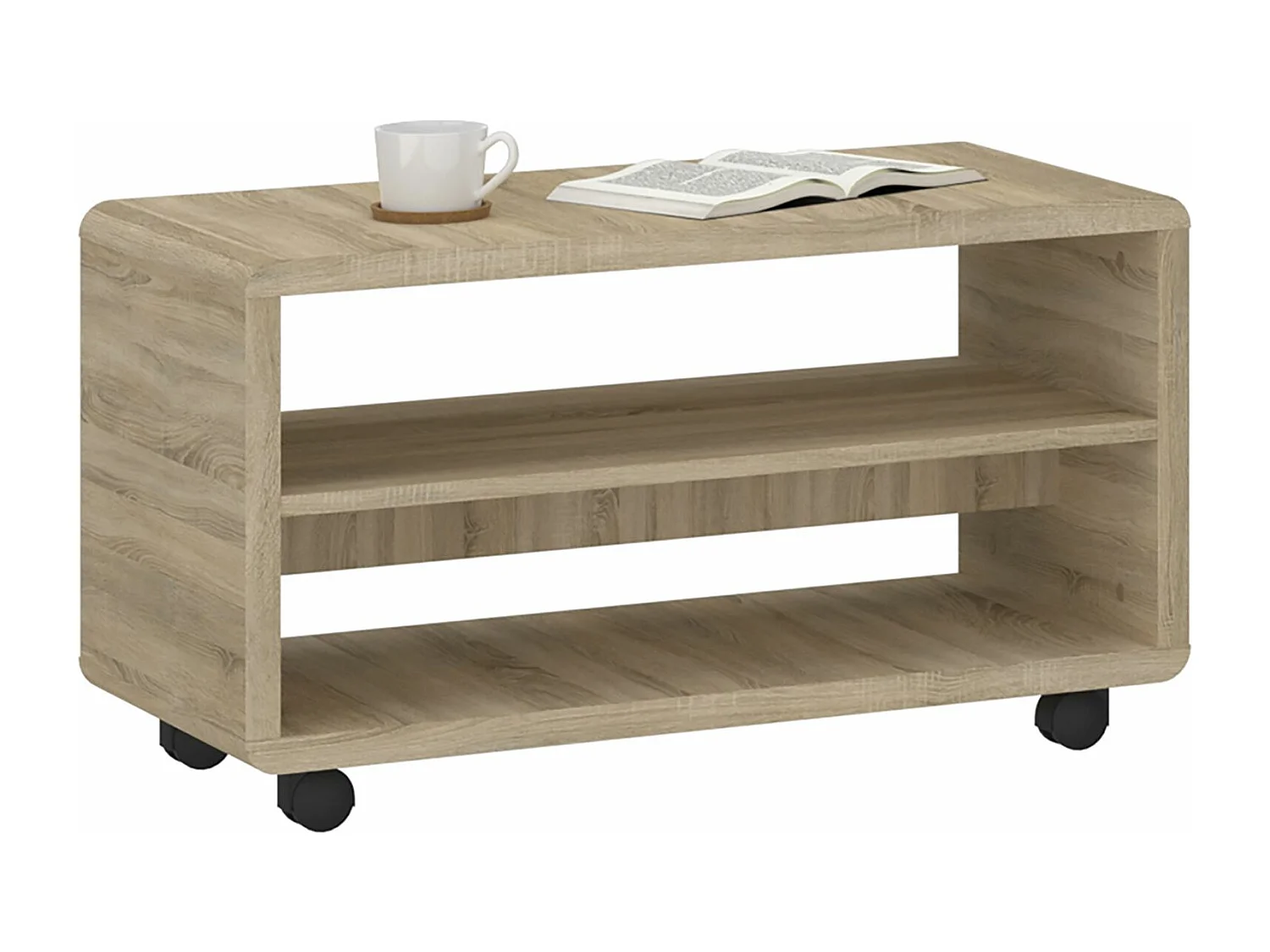 Meuble TV sur roulettes ISABA avec 2 niches de rangement, meuble télé en mélaminé chêne sonoma