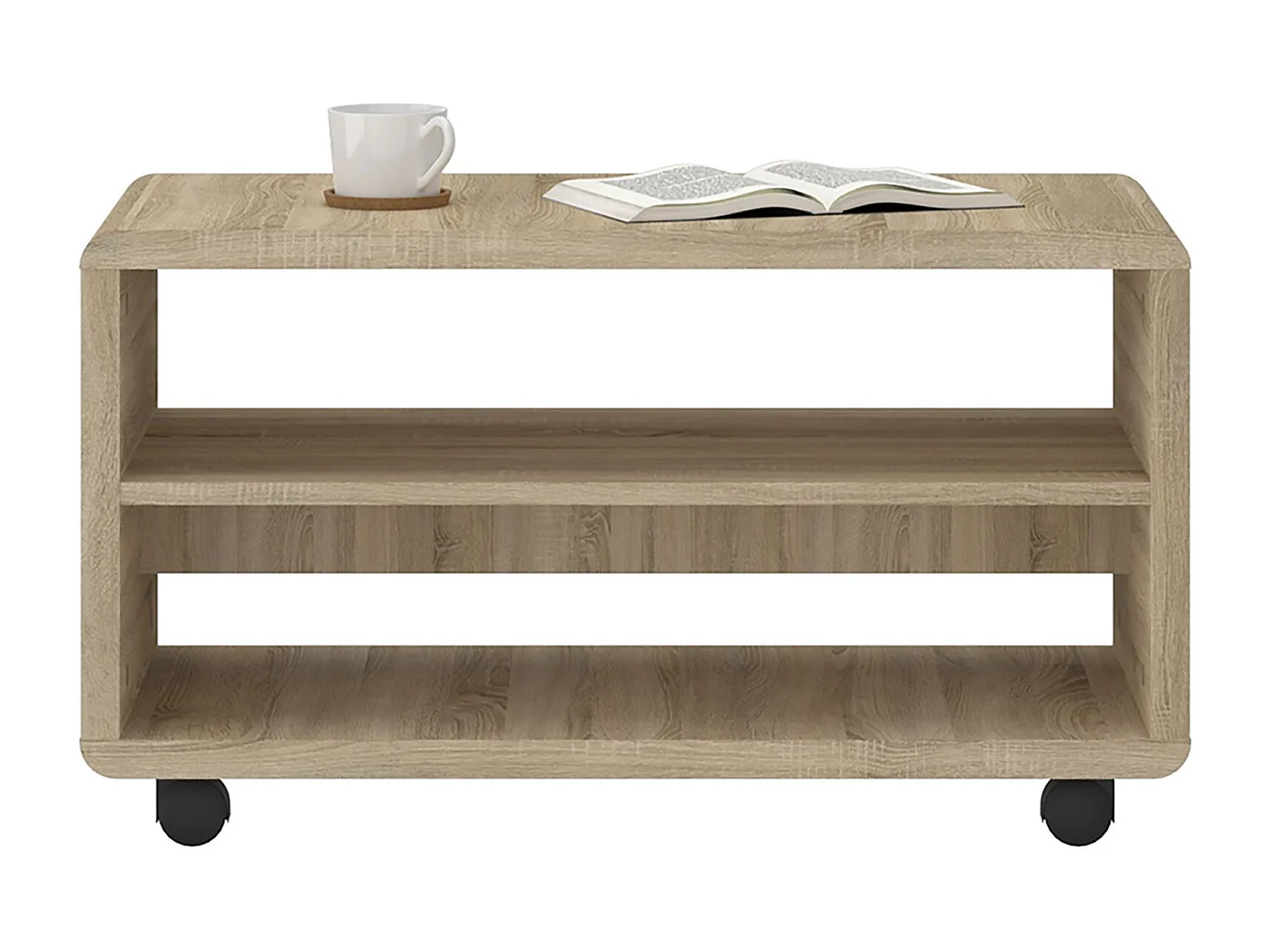 Meuble TV sur roulettes ISABA avec 2 niches de rangement, meuble télé en mélaminé chêne sonoma