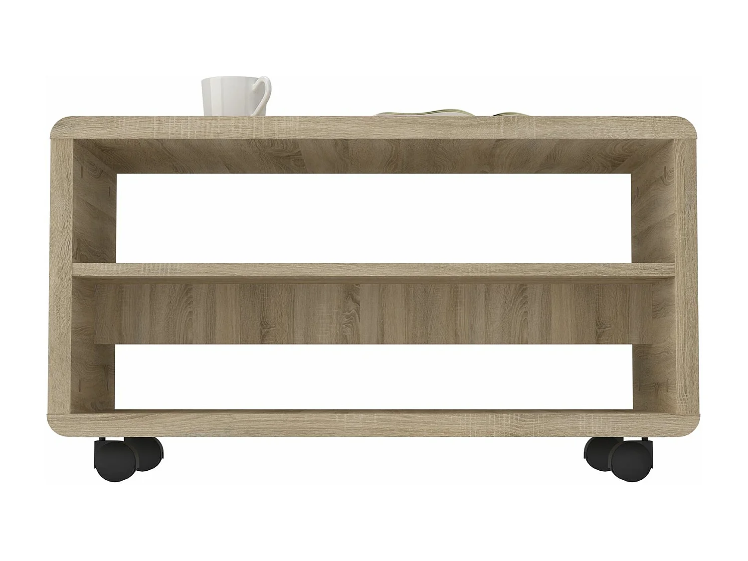 Meuble TV sur roulettes ISABA avec 2 niches de rangement, meuble télé en mélaminé chêne sonoma