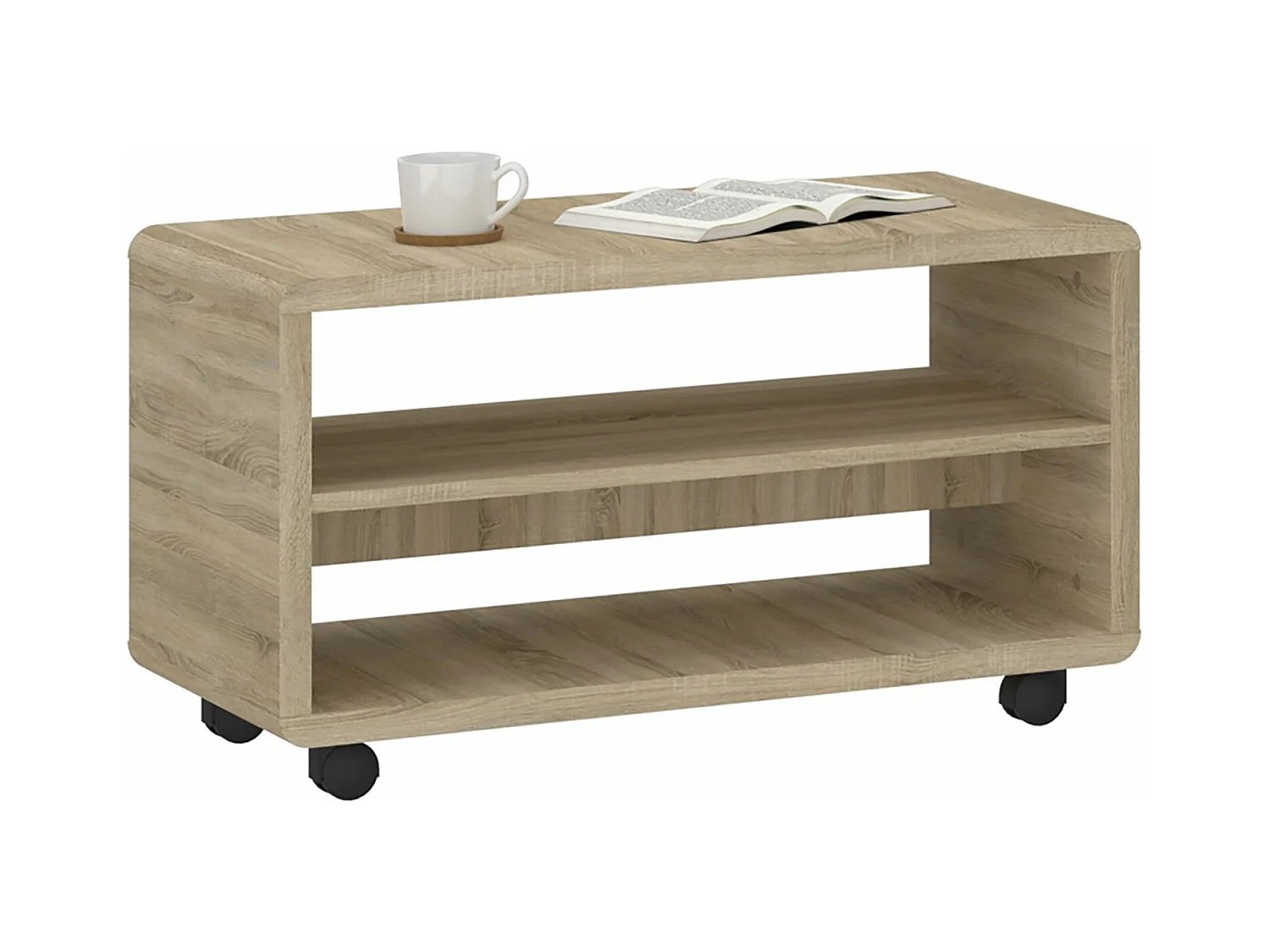 Meuble TV sur roulettes ISABA avec 2 niches de rangement, meuble télé en mélaminé chêne sonoma