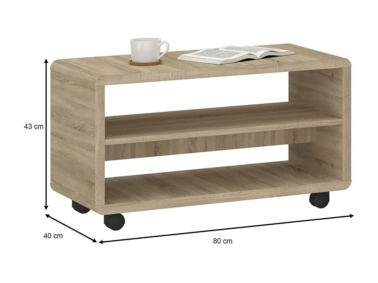 Meuble TV sur roulettes ISABA avec 2 niches de rangement, meuble télé en mélaminé chêne sonoma