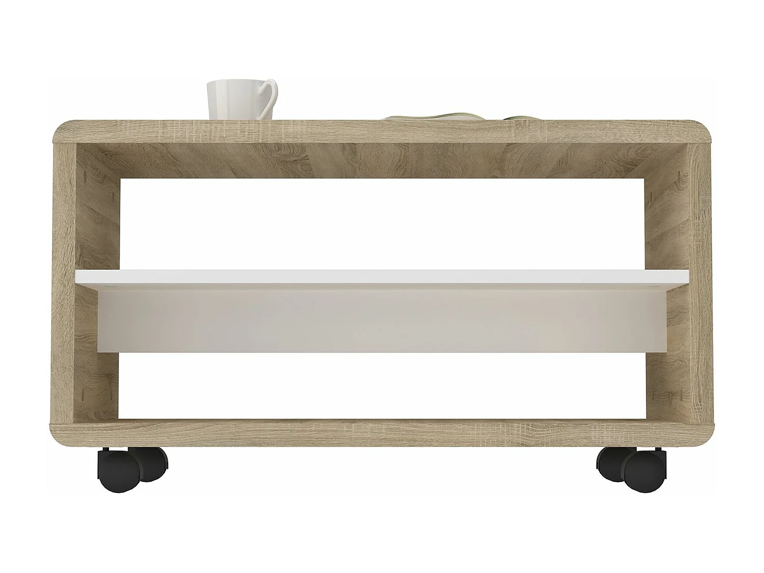 Meuble TV sur roulettes ISABA avec 2 niches de rangement, meuble télé en mélaminé chêne sonoma et blanc