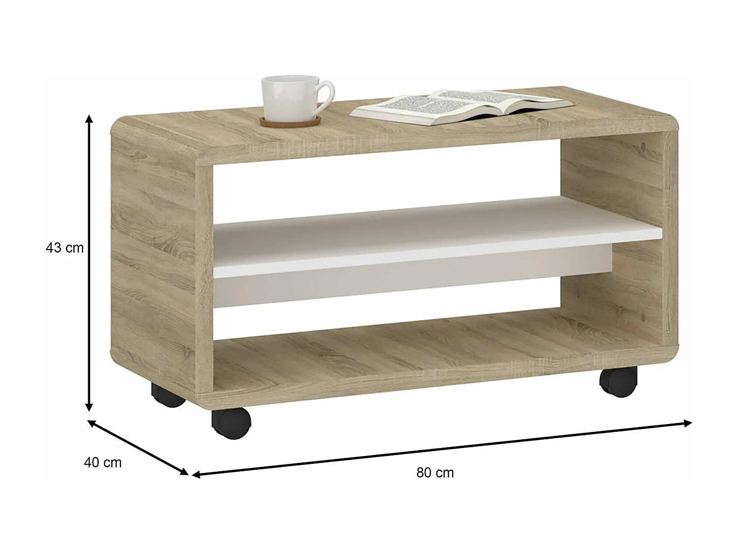 Meuble TV sur roulettes ISABA avec 2 niches de rangement, meuble télé en mélaminé chêne sonoma et blanc