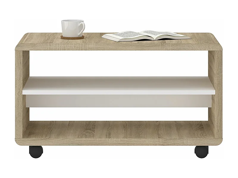 Meuble TV sur roulettes ISABA avec 2 niches de rangement, meuble télé en mélaminé chêne sonoma et blanc