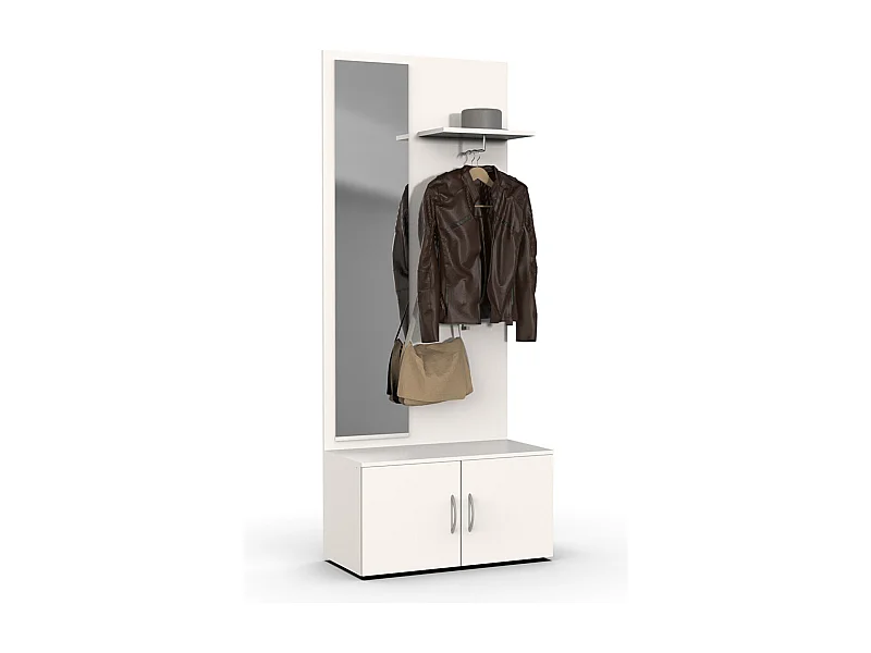 Vestiaire mural en bois mélaminé coloris blanc + miroir - L. 80 x H. 185 x P. 40 cm