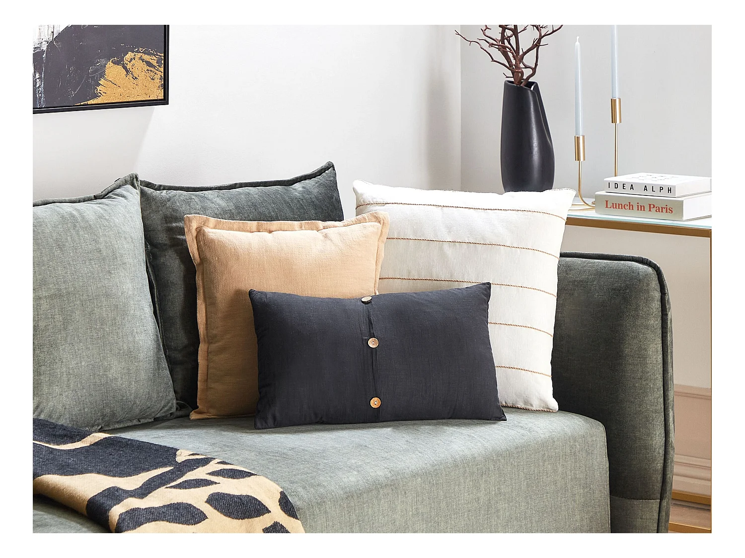 Dekokissen 2er Set Leinen schwarz 30 x 50 cm mit Holzknöpfen modern Banori