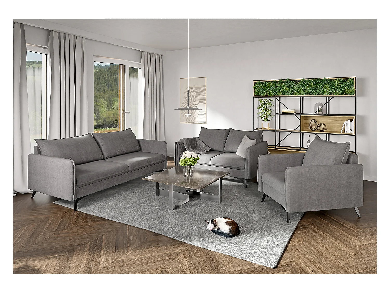 Modernes Polstergarnitur 3+2+1 Harris mit Schwarz Metall Füßen