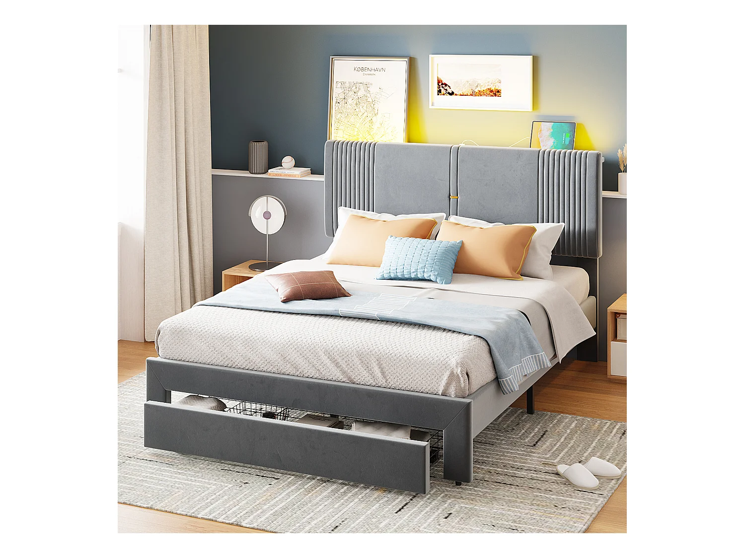 Lit adulte 140x200 cm lit double avec bande lumineuse, prise USB et tiroir - tissu en velours gris - sans matelas