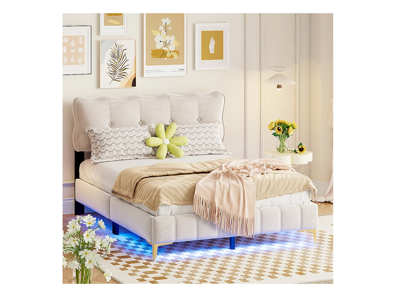 Bed 140x200 cm - Tweepersoonsbed met gecapitonneerd hoofdeinde en lattenbodem - LED-verlichting - Beige fluweel - Zonder matras