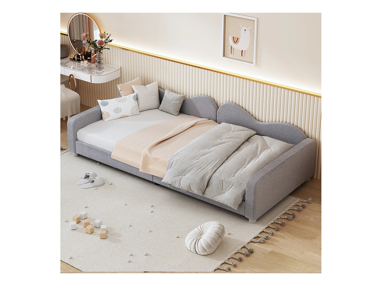 Lit simple 90x200 cm lit enfant avec dossier et accoudoirs  - tissu en gris - sans matelas