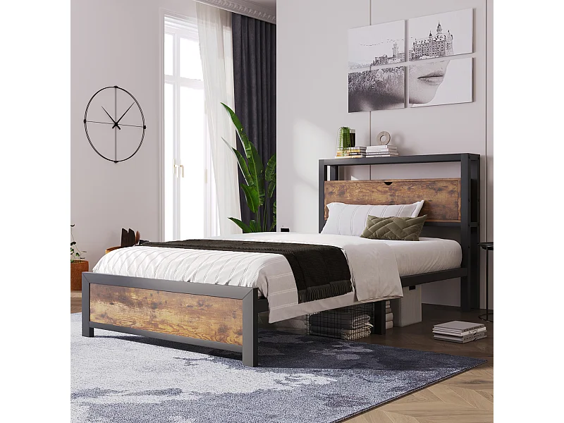 Volwassen bed 90x200 cm - Natuurlijke kleur - Eenpersoonsbed met opberghoofdeinde en metalen onderstel - Zonder matras