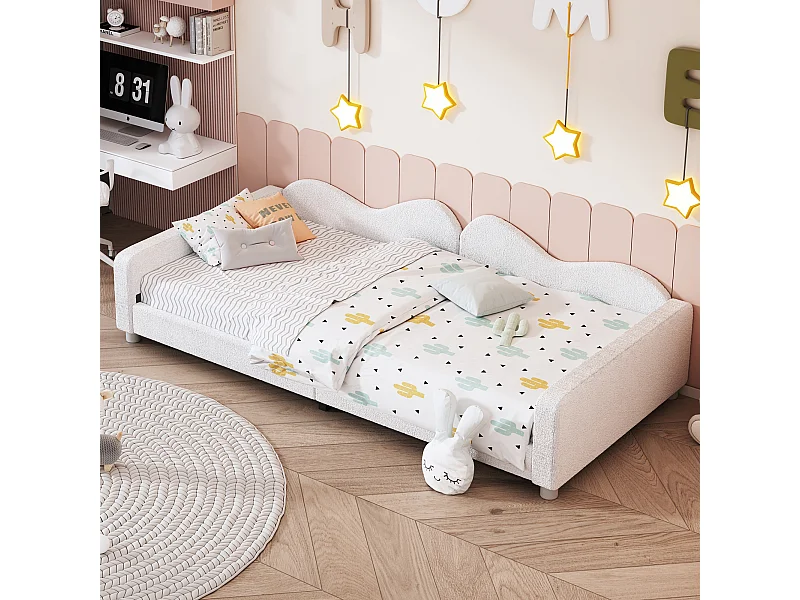 Cama infantil tapizada con estructura de tela de felpa de 90x200 cm con respaldo y reposabrazos - blanco