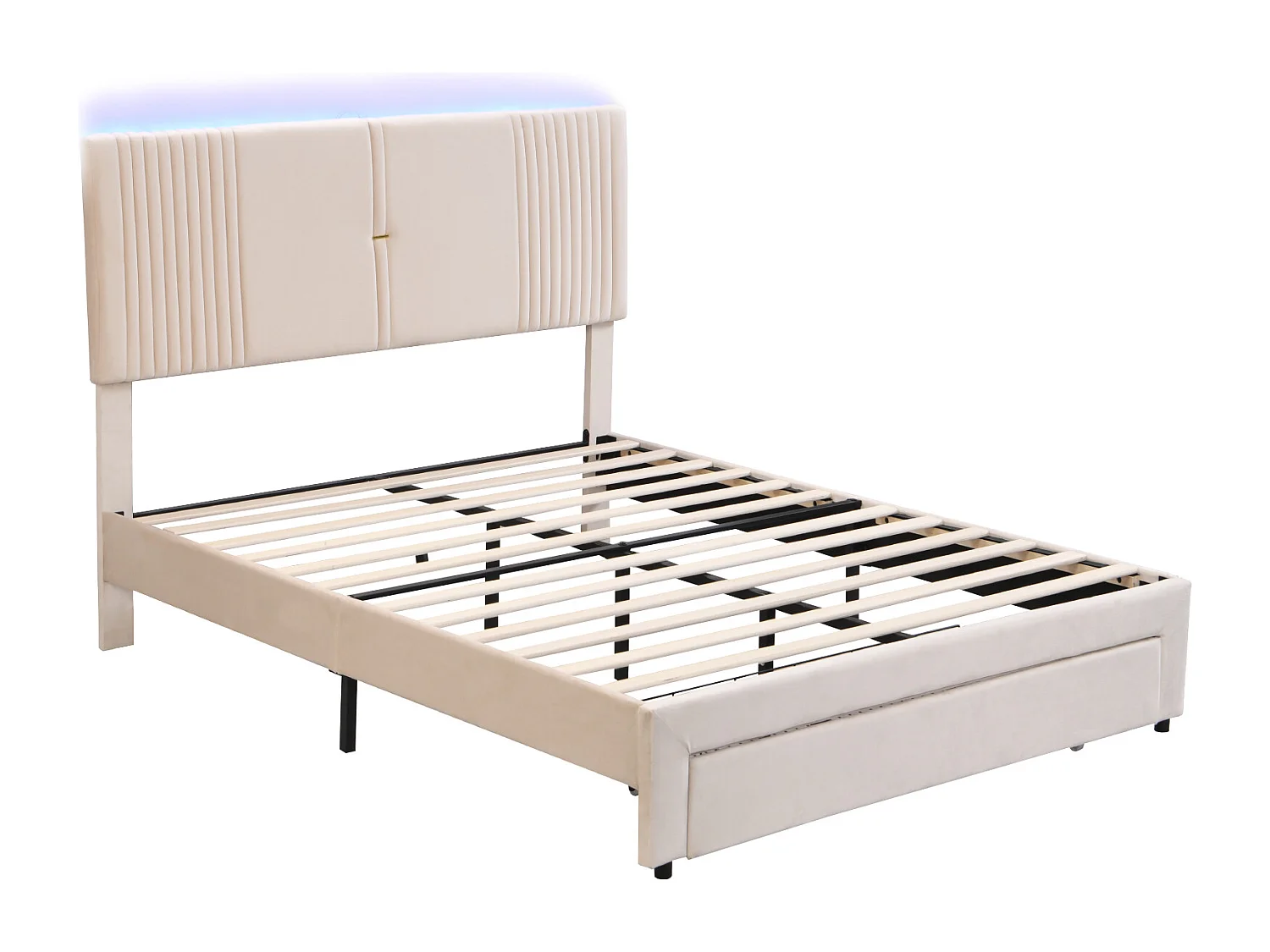 Lit adulte 140x200 cm lit adulte avec bande lumineuse, prise USB et tiroir - tissu en velours beige - sans matelas
