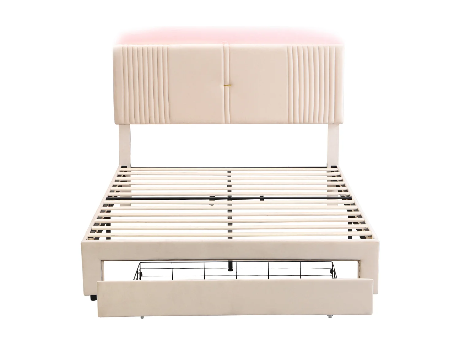 Lit adulte 140x200 cm lit adulte avec bande lumineuse, prise USB et tiroir - tissu en velours beige - sans matelas