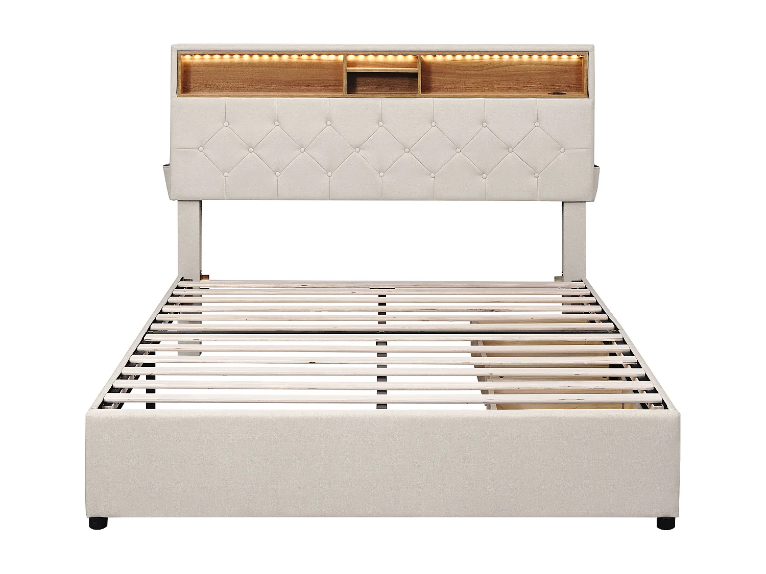 Lit double capitonné 140x200 cm avec 2 tiroirs - tête de lit réglable avec USB et LED - beige