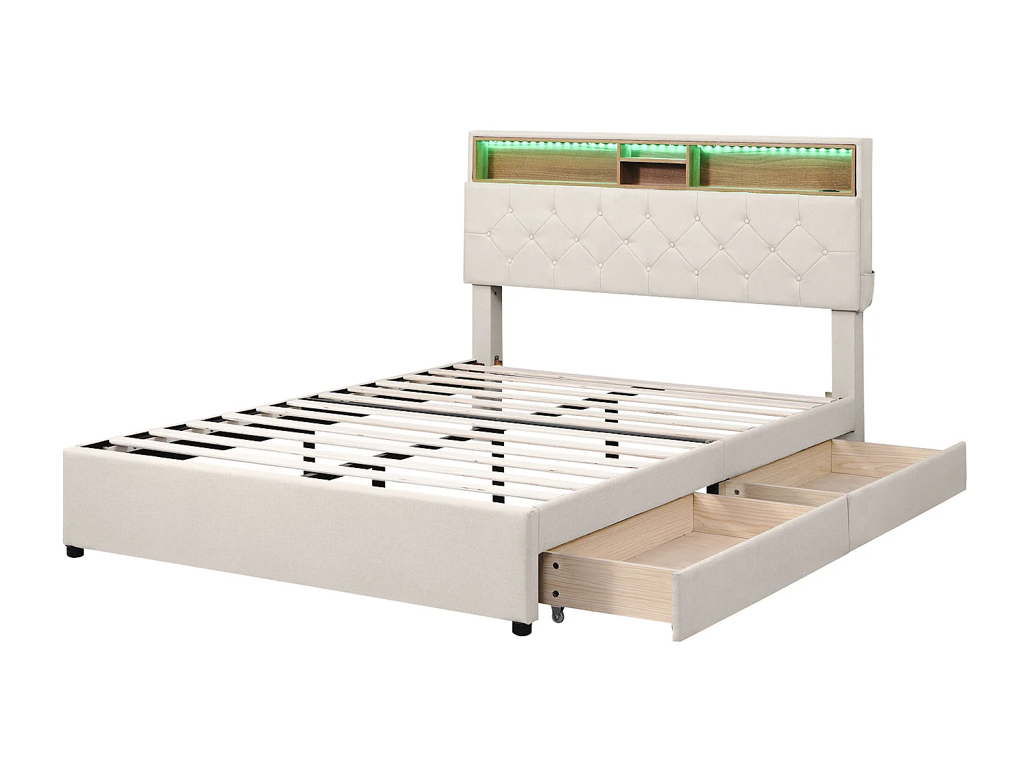 Lit double capitonné 140x200 cm avec 2 tiroirs - tête de lit réglable avec USB et LED - beige