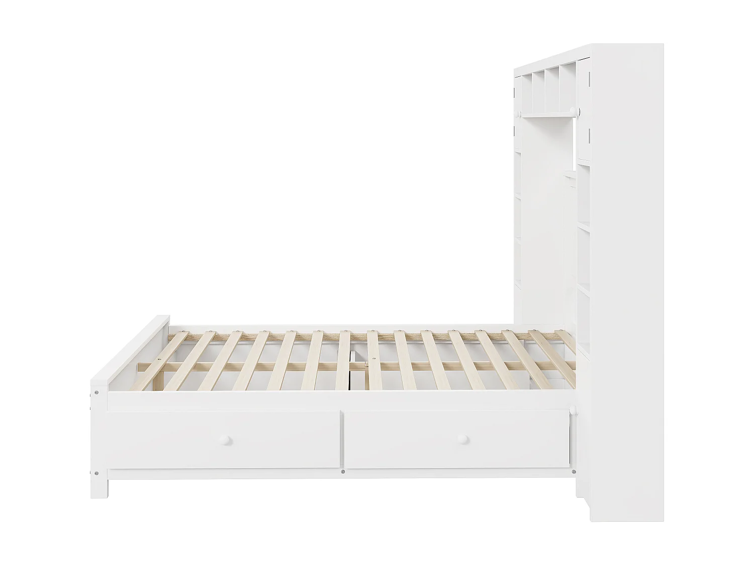 Lit adulte 140x200 cm lit double avec tiroirs et chevet de rangement - en bois massif - blanc - sans matelsa