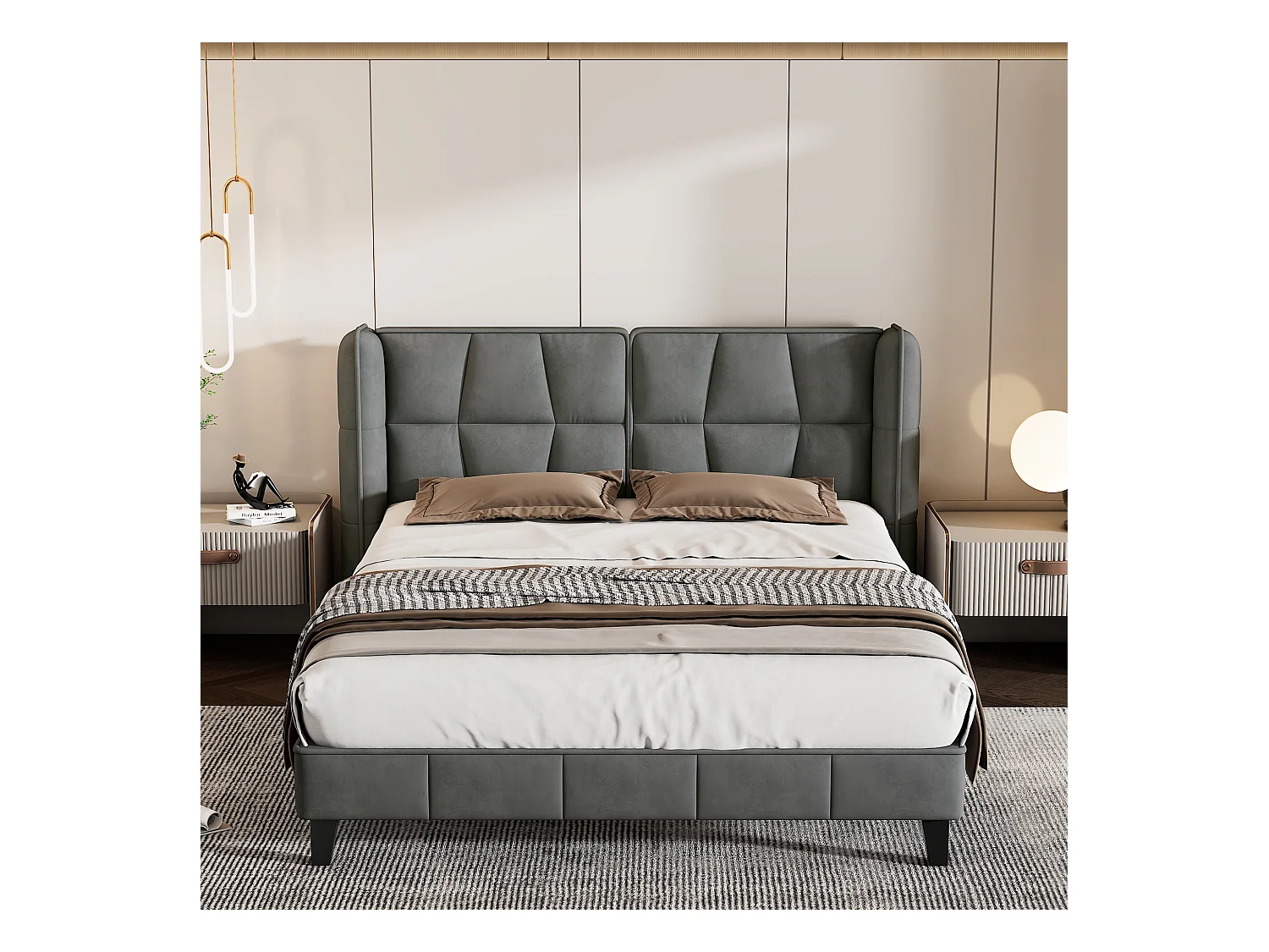 Letto imbottito in velluto 140x200 cm con rete e testiera a doghe in legno - grigio
