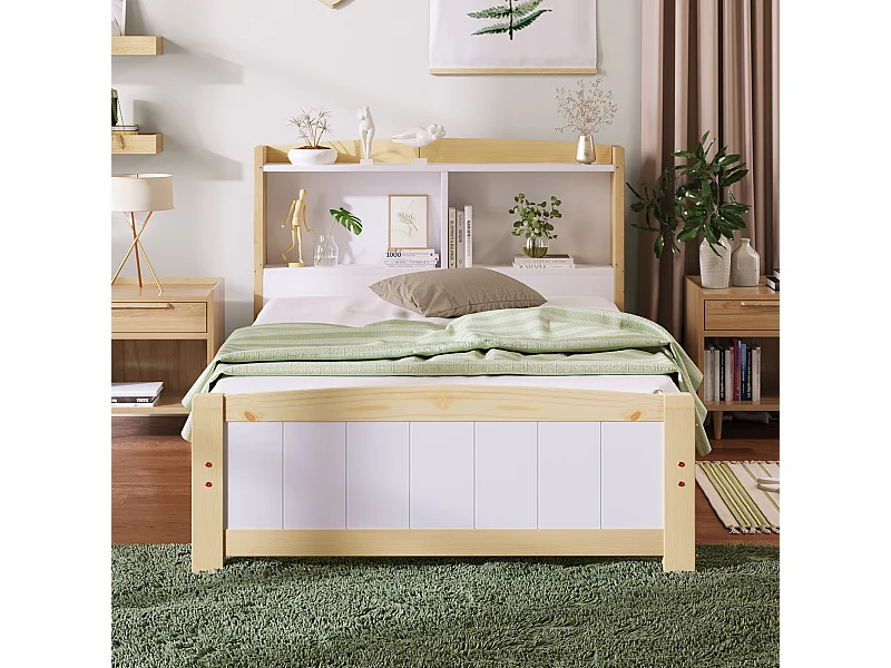 Lit simple 90x200 cm - lit enfant avec tête de lit rangement - bois massif / MDF - blanc / naturel - sans matelas
