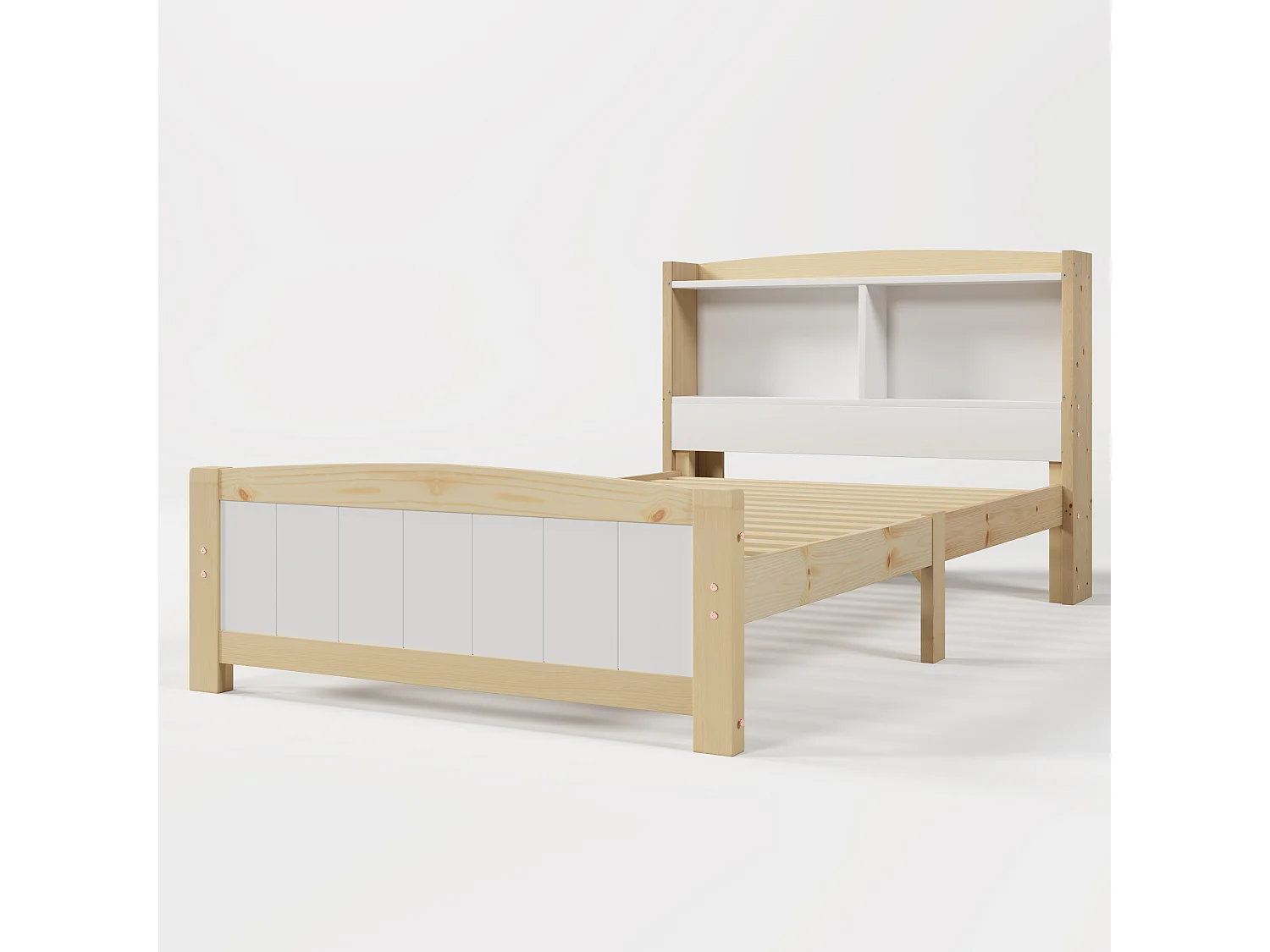 Kinderbett 90x200 cm - Einzelbett mit Stauraum aus Holz und MDF - Weiß und Natur