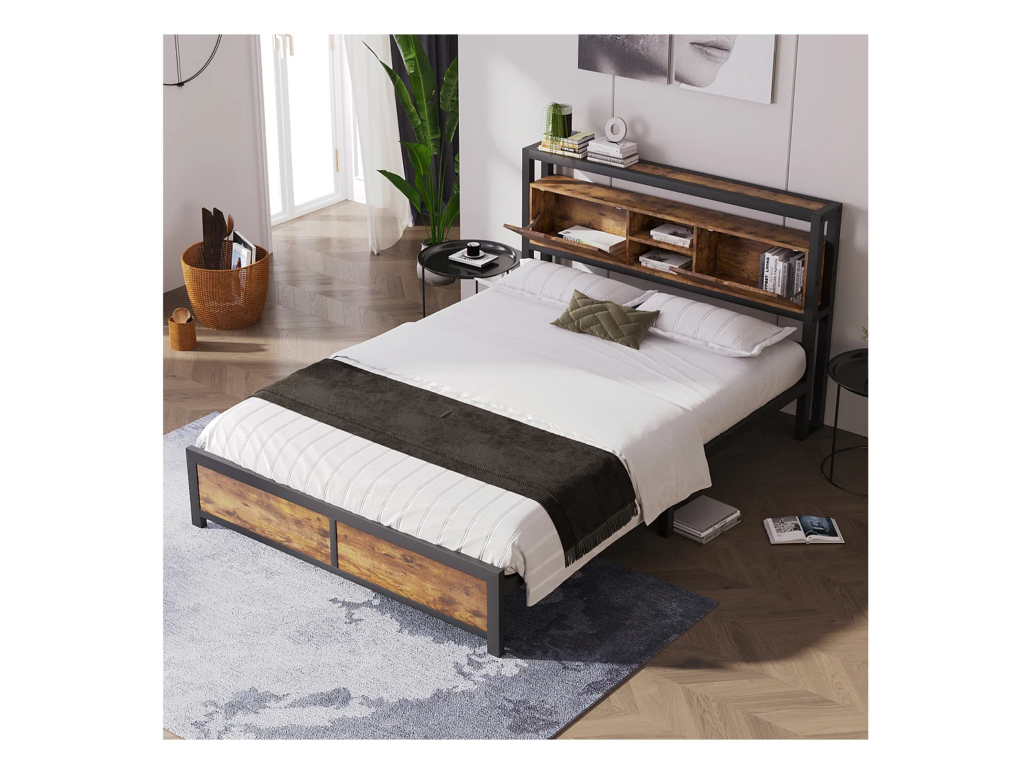 Lit adulte 140x200 cm - lit double avec tête de lit rangement et sommier en métal - naturel foncé - sans matelas