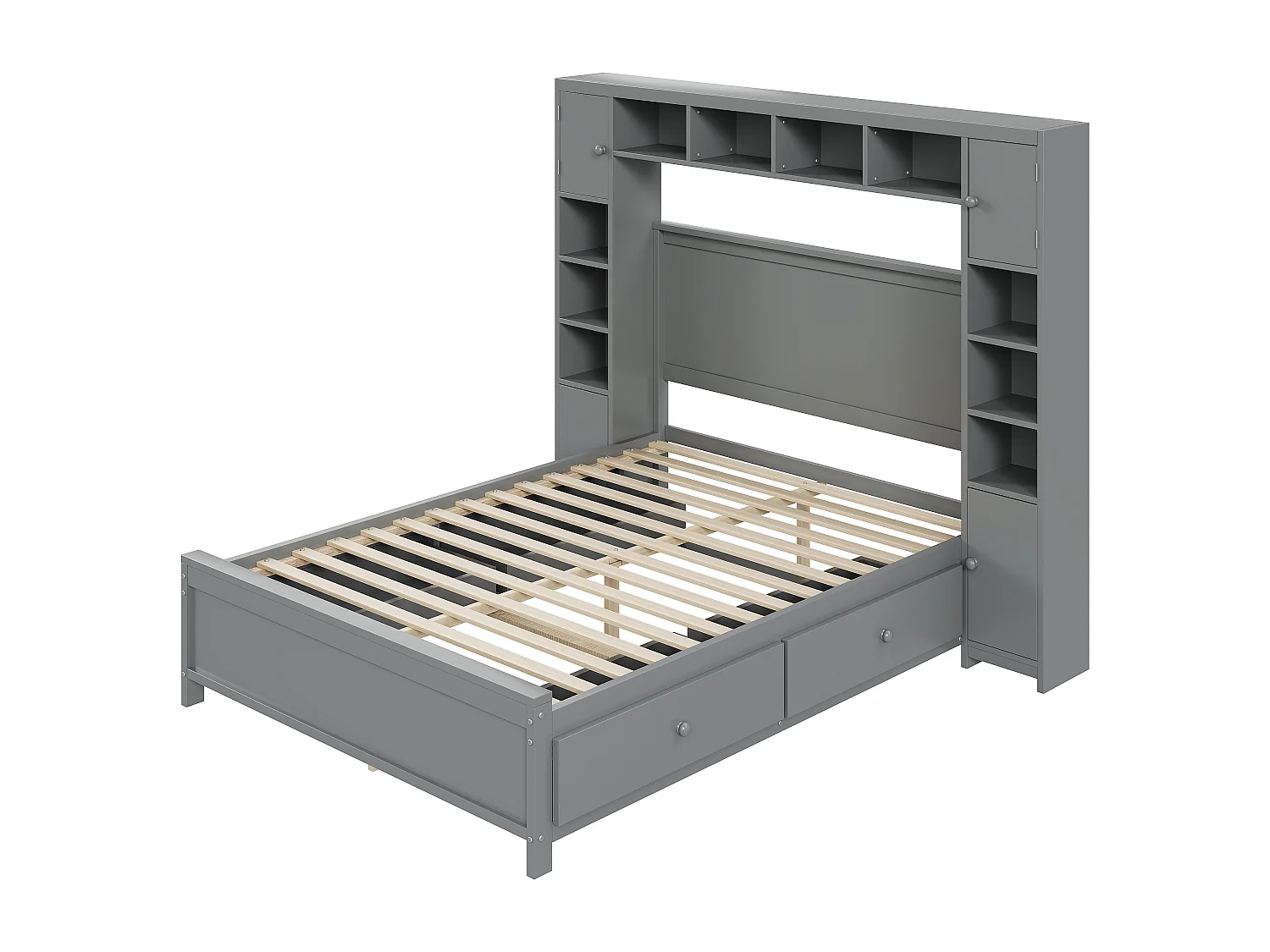 Lit adulte 140x200 cm lit double avec tiroirs et chevet de rangement - en bois massif - gris - sans matelsa