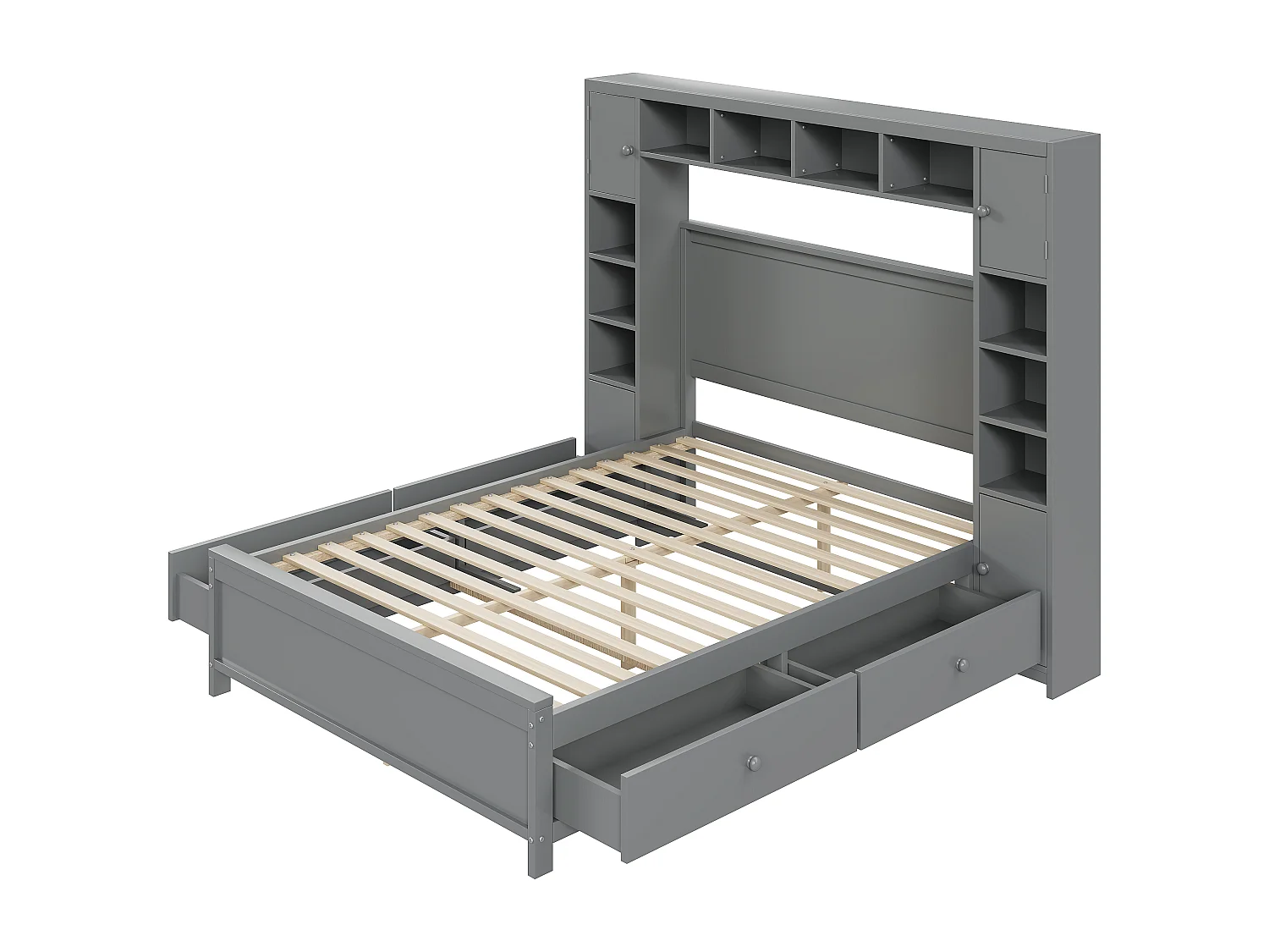 Lit adulte 140x200 cm lit double avec tiroirs et chevet de rangement - en bois massif - gris - sans matelsa
