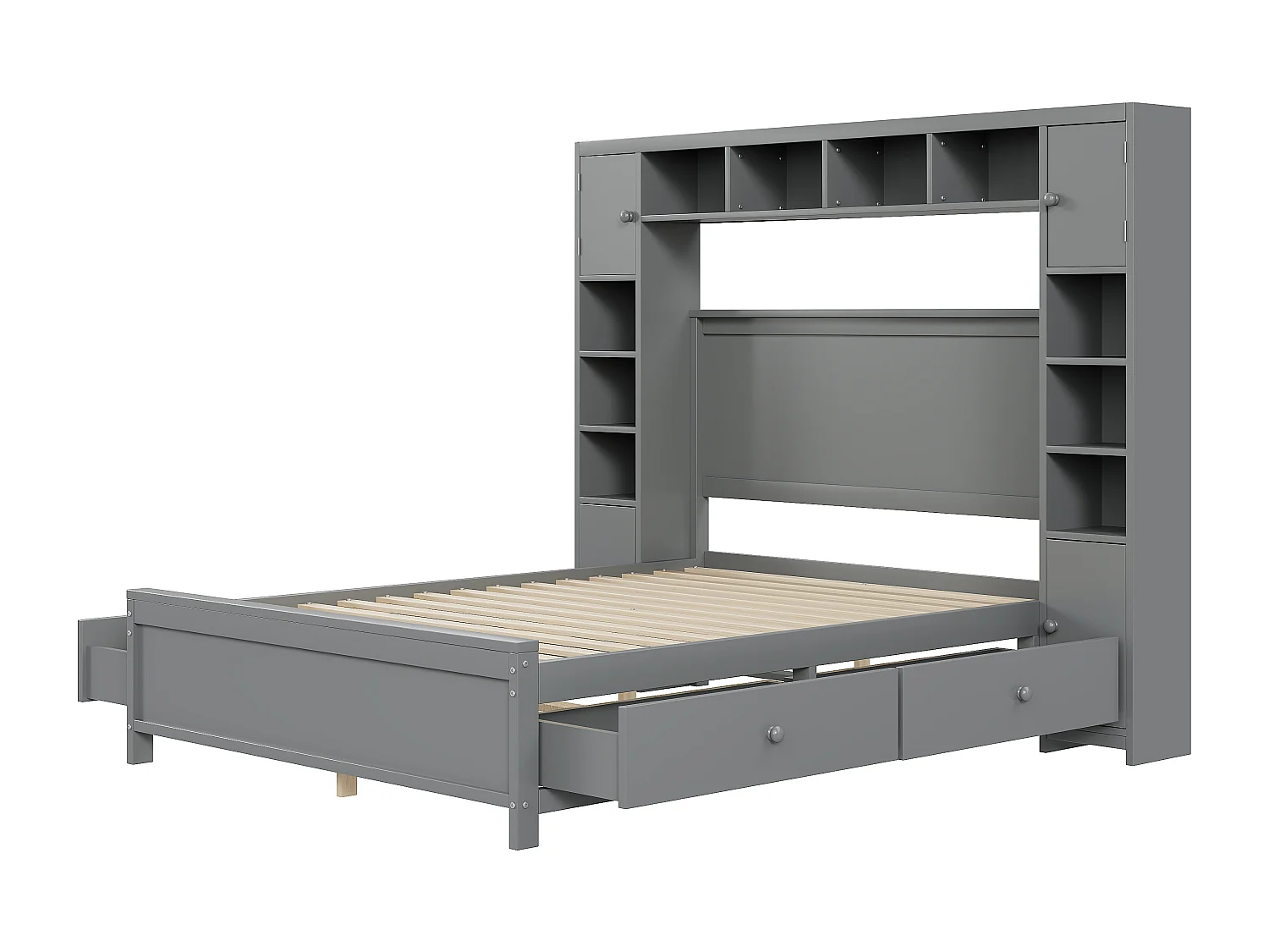 Lit adulte 140x200 cm lit double avec tiroirs et chevet de rangement - en bois massif - gris - sans matelsa