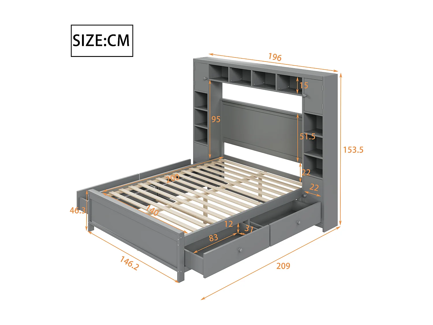 Lit adulte 140x200 cm lit double avec tiroirs et chevet de rangement - en bois massif - gris - sans matelsa