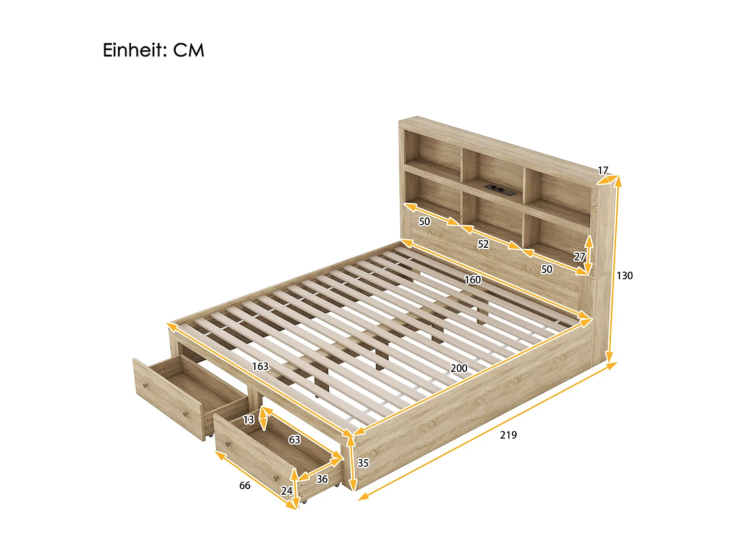 Lit adulte 160x200 cm lit double avec 2 tiroirs et chevet de rangement - couleur naturel - sans matelas